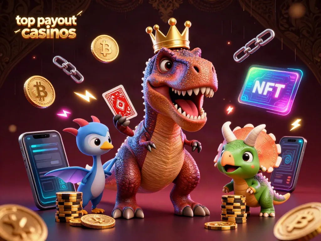 Exciting scene of friendly T-Rex shuffling cards in top payout casinos, surrounded by neon elements and cryptocurrency