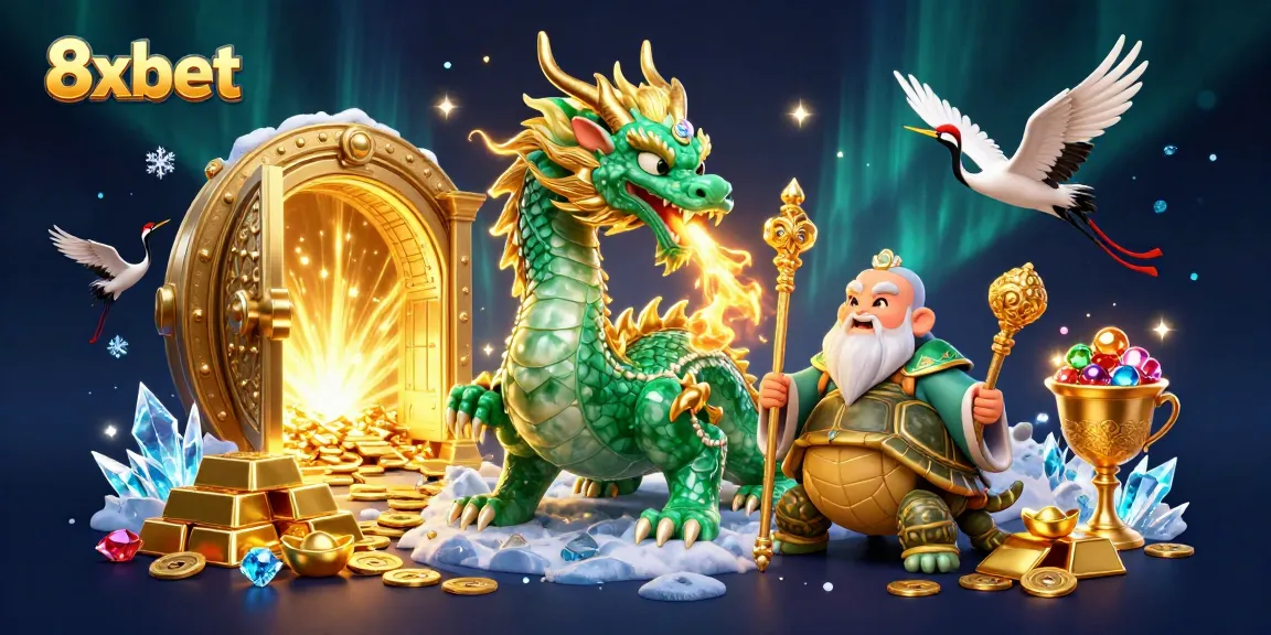 Experience the thrill of 8xbet with a mystical jade dragon and treasures aplenty.