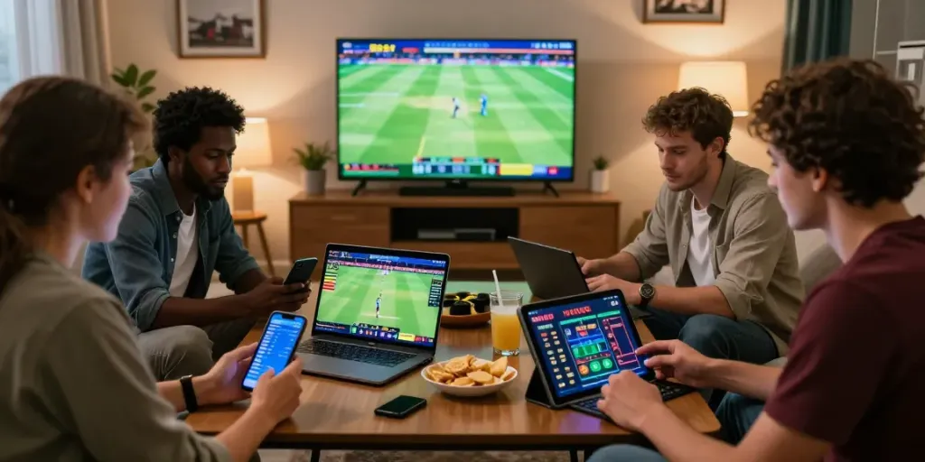 Friends engaged in live betting on lotus365 while enjoying sports games at home.