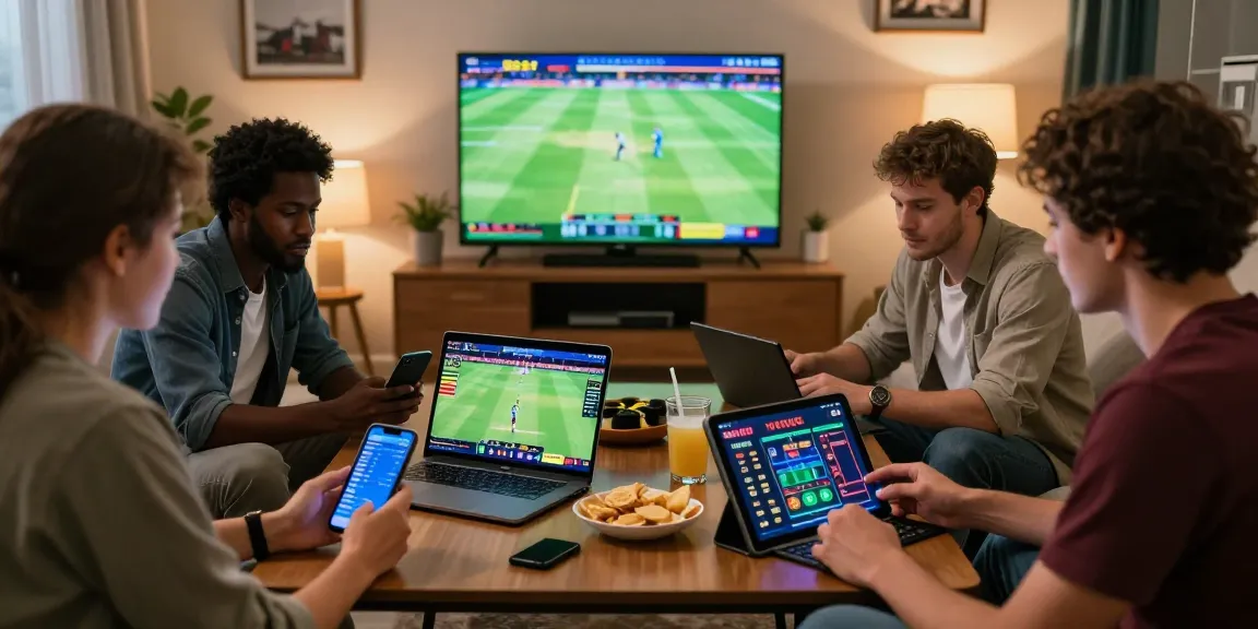 Friends engaged in live betting on lotus365 while enjoying sports games at home.