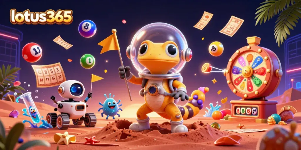 Experience thrilling moments with lotus365 at a vibrant casino scene featuring a Martian gecko.