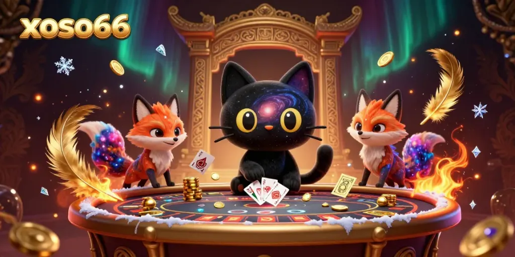 Experience the thrill of xoso66 in this vibrant cosmic casino scene with unique characters.