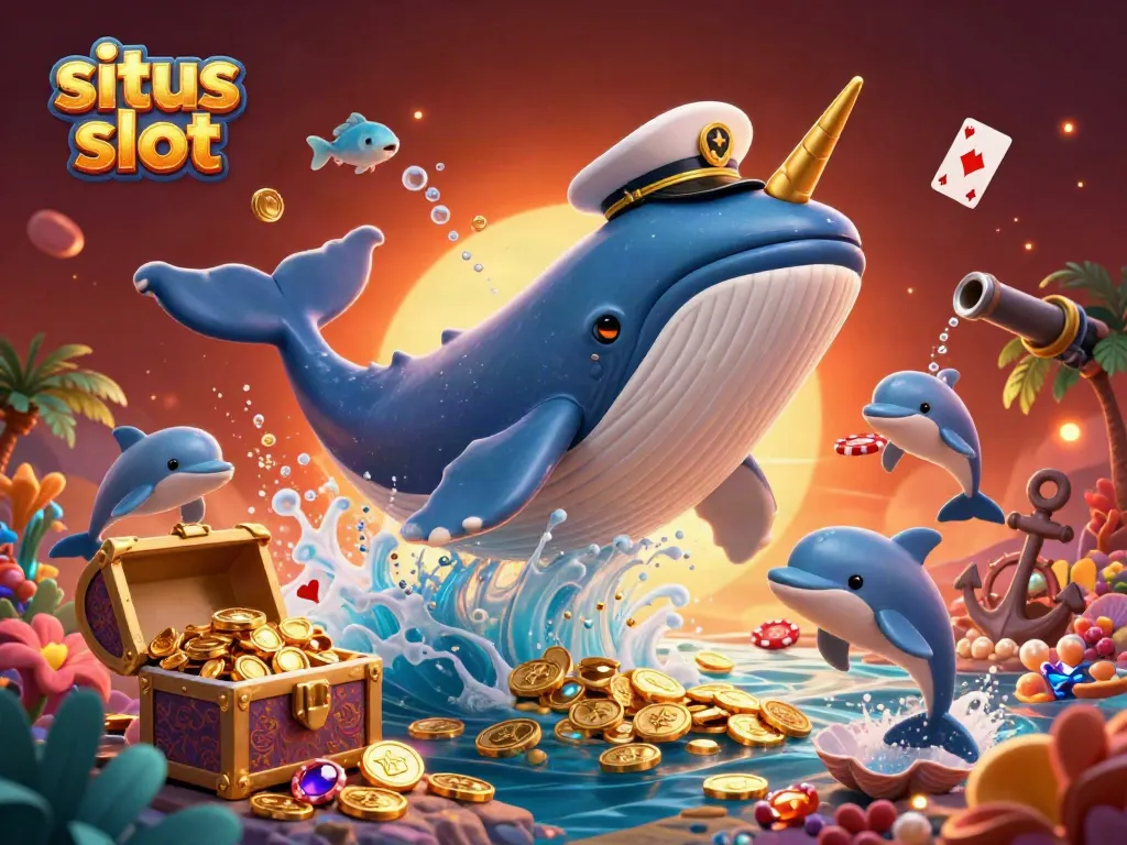 Situs slot energetic underwater scene with a cartoon whale, narwhal, and dolphins surrounded by treasure.