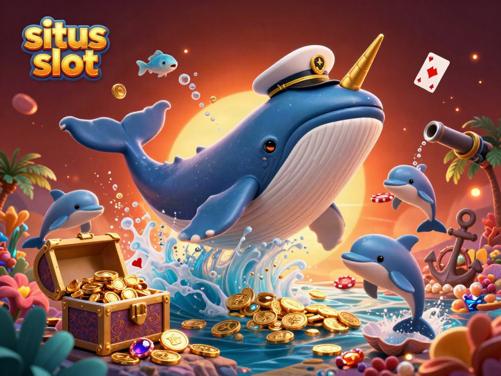 Situs slot energetic underwater scene with a cartoon whale, narwhal, and dolphins surrounded by treasure.