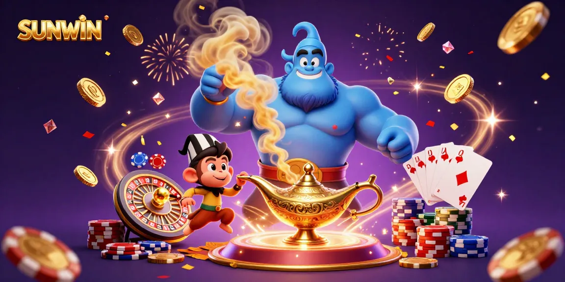 SUNWIN showcases an enchanting casino scene with a genie, poker chips, and golden coins bursting with energy.