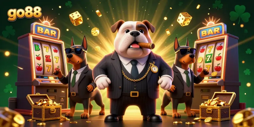 Engage in the thrilling world of go88 with a bulldog mafia boss and Doberman bodyguards amidst vibrant casino elements.