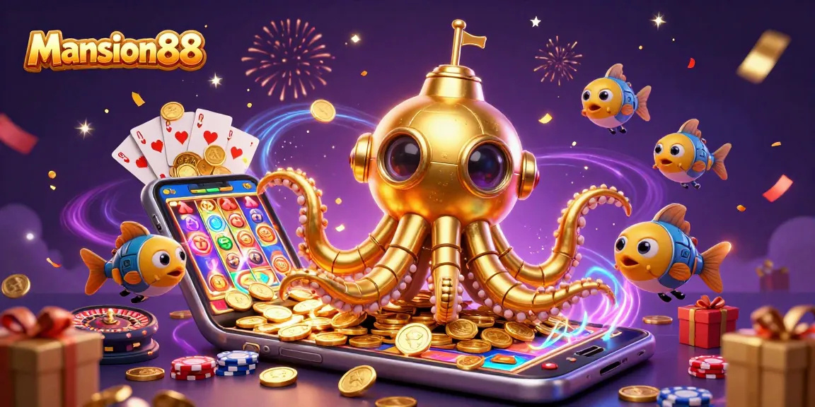 Mansion88 showcases a thrilling 3D illustration with a golden kraken and slot game excitement.
