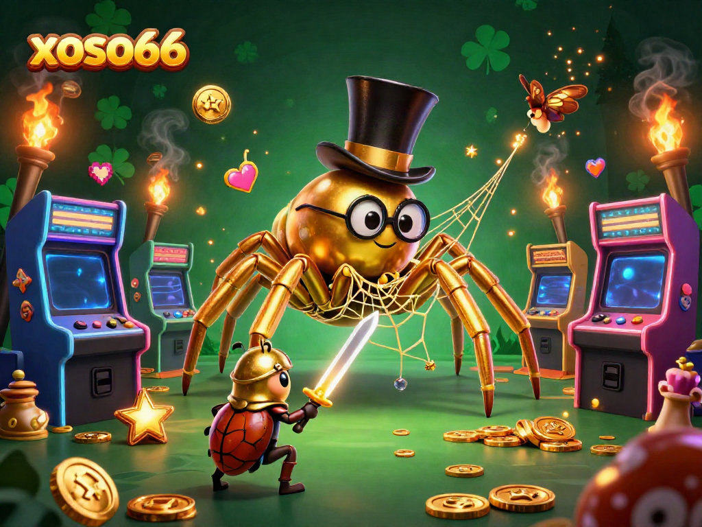 Experience excitement at the Xoso66 casino with a golden tarantula and brave knight in a vibrant scene.