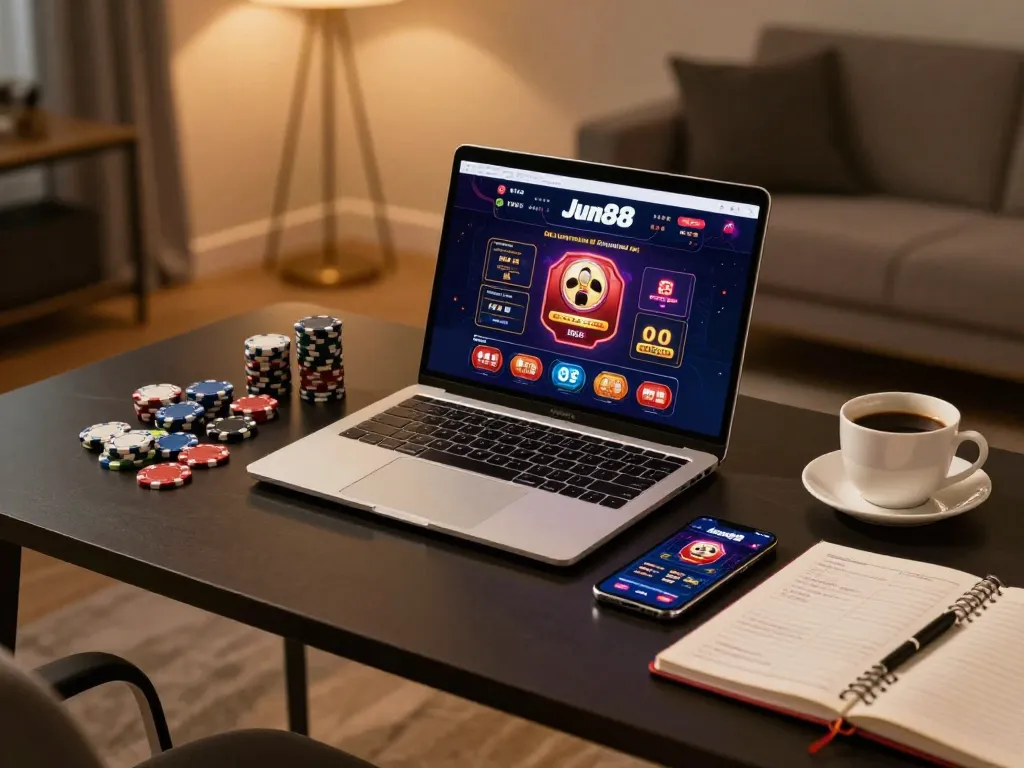 Players engage with the Jun88 casino app while analyzing strategies in a comfortable home gaming setup.