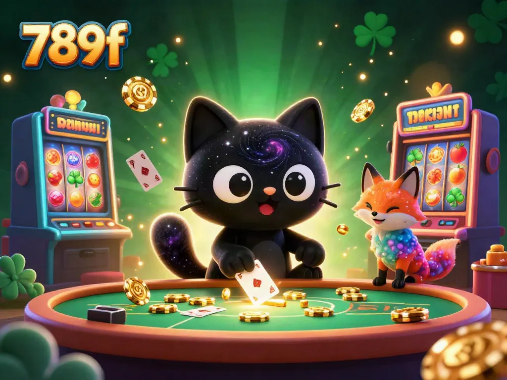 Engage in thrilling gameplay at 789f, featuring a cosmic casino with a black hole cat and vibrant slot machines.