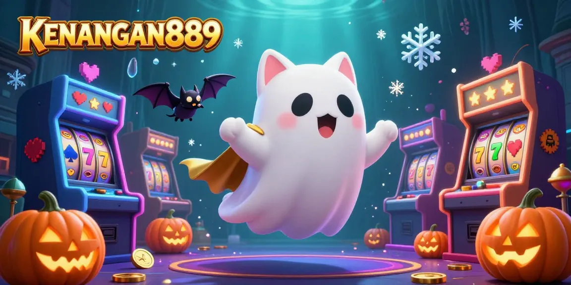 Engage with KENANGAN889's thrilling haunted casino as a ghost cat and bat explore slot reels and glowing games.