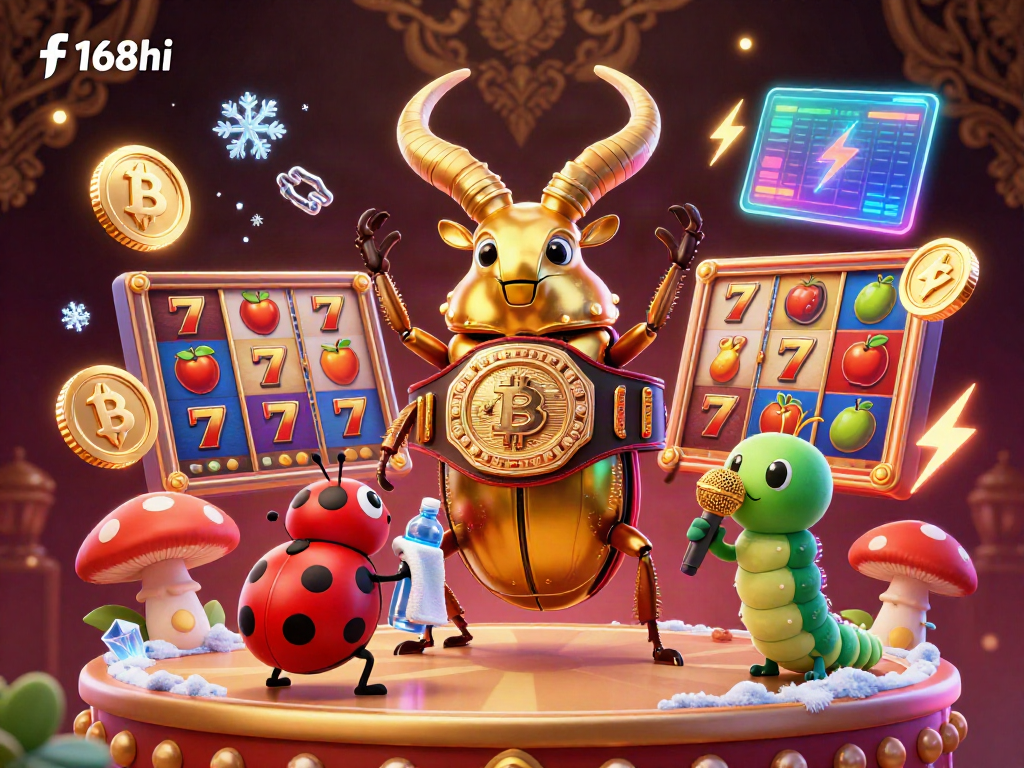 Engage with f168hi's vibrant casino world featuring a golden stag beetle in battle-ready stance and dynamic game elements.