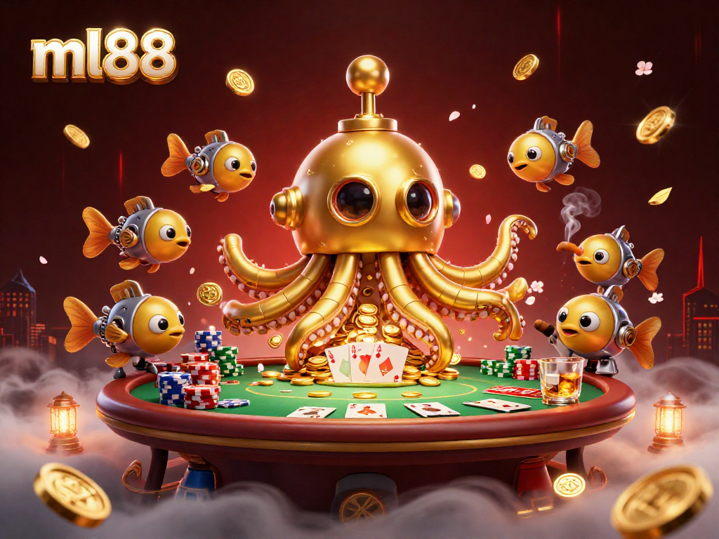 Experience the thrill of ml88 as a golden kraken emerges from coins in this dynamic casino scene.