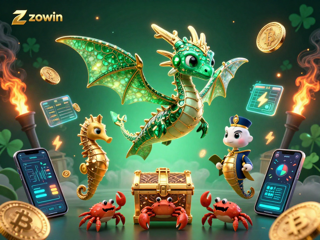 Experience winnings with zowin in this vibrant casino-themed 3D illustration featuring a majestic sea dragon.