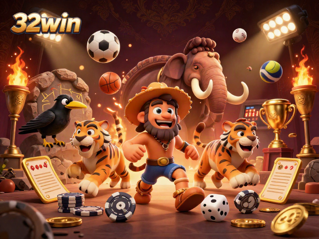 Engage with 32win's vibrant prehistoric casino scene featuring a caveman, sabertooth tiger, and sports elements.