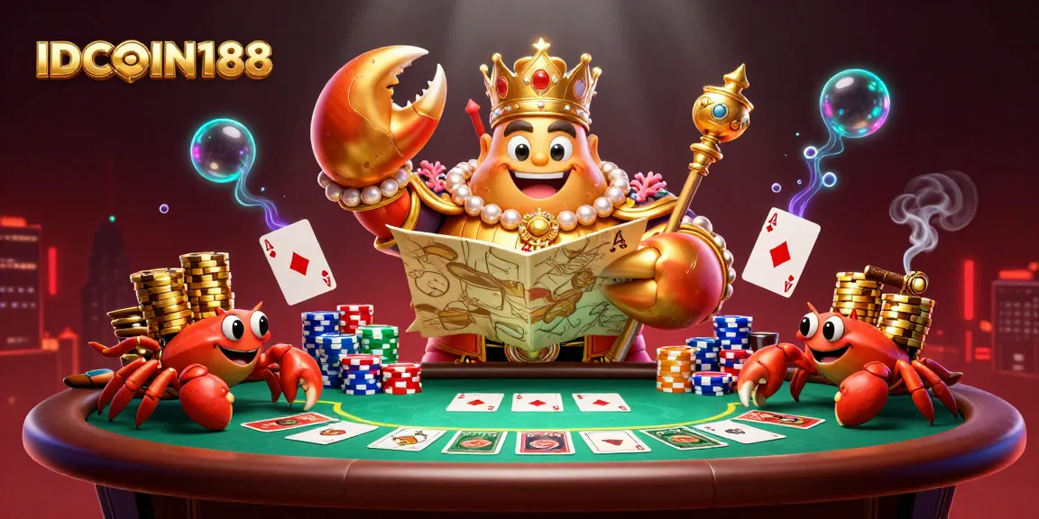 Experience IDCOIN188 with a vibrant scene of the golden crab emperor amidst a poker table laden with chips and cards.