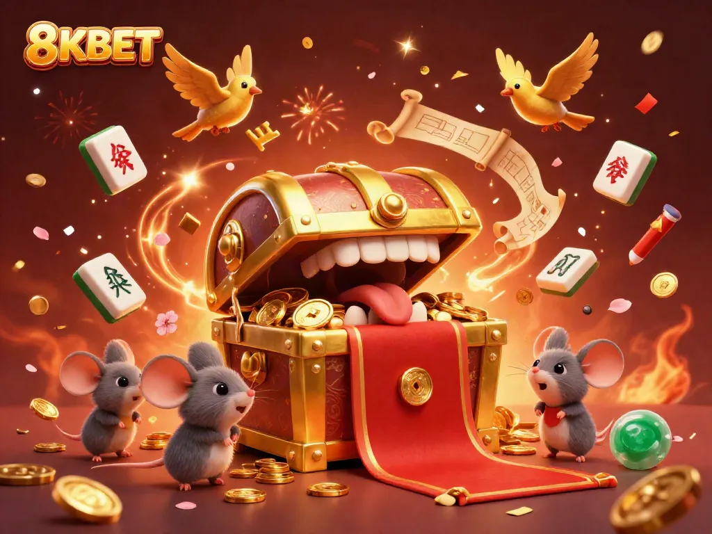Experience 8KBET's enchanting world with a vibrant 3D scene showcasing a treasure chest and festive elements.