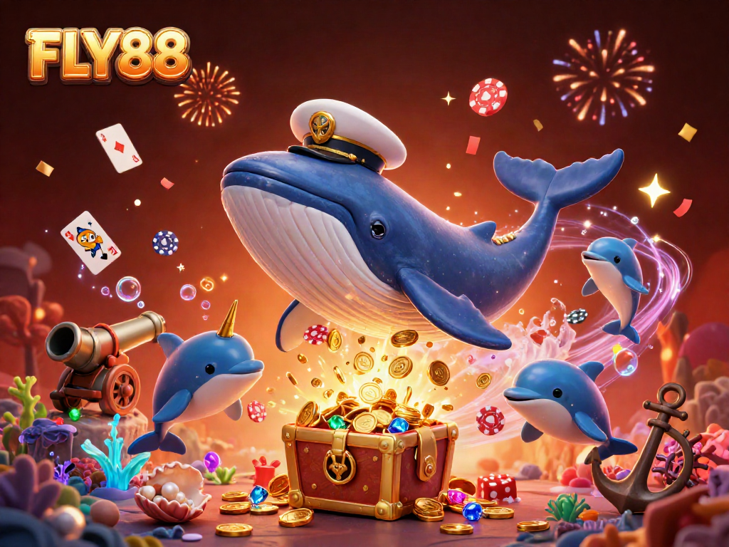 Experience FLY88's thrilling casino adventure with a whimsical whale and colorful sea creatures in a vibrant underwater scene.