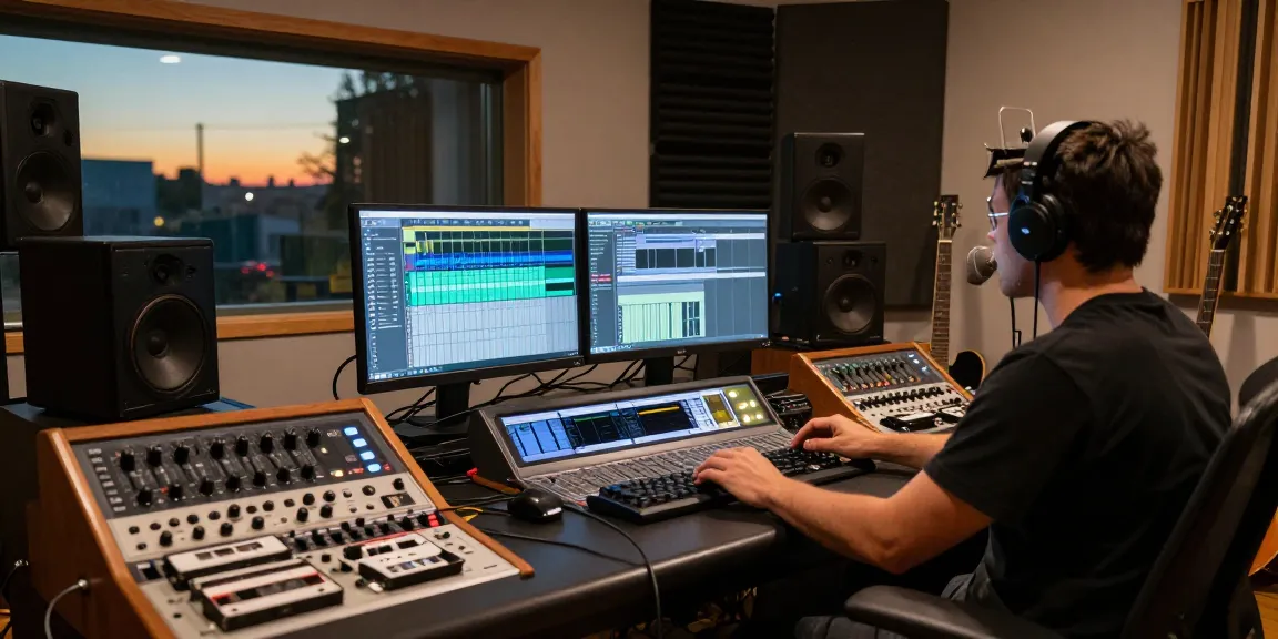 Audio engineer using DA88 in a vibrant home studio during recording session, adjusting sound levels with professional equipment.