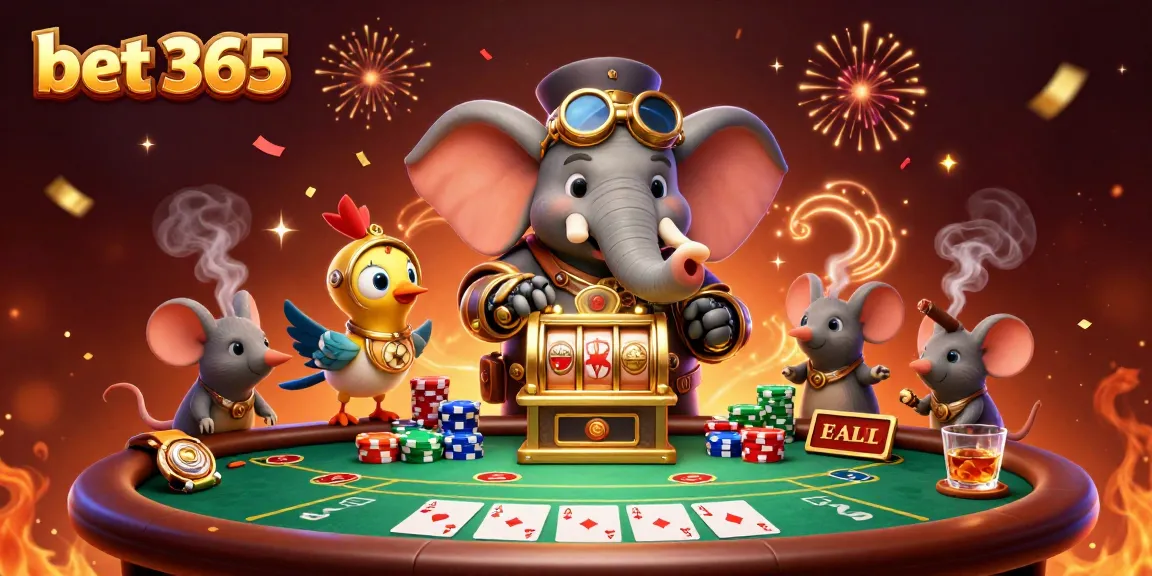 Bet 365 engaging with dynamic 3D casino illustration featuring a steampunk elephant and vibrant poker scene.