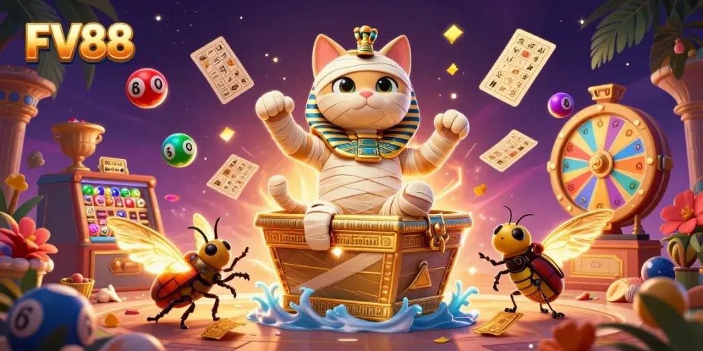 Experience the vibrant atmosphere of FV88 as a mummy cat bursts from its sarcophagus amidst gambling excitement.