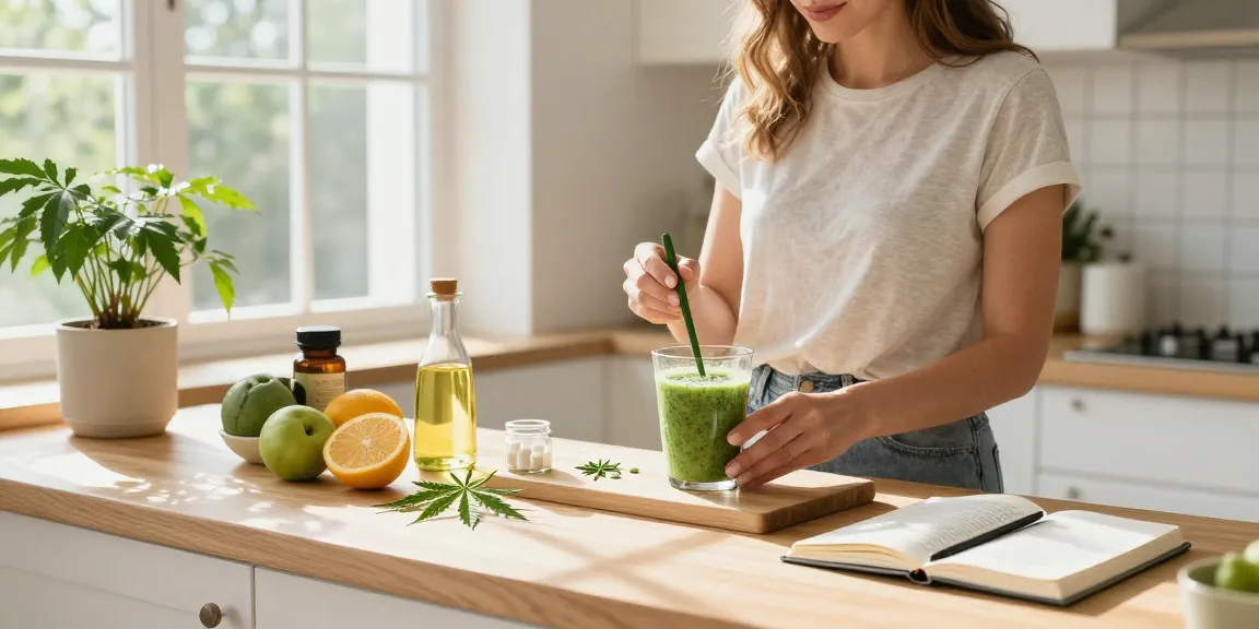 Ministry of Cannabis CBD oil use in a vibrant wellness kitchen, showcasing natural ingredients and healthy lifestyle.