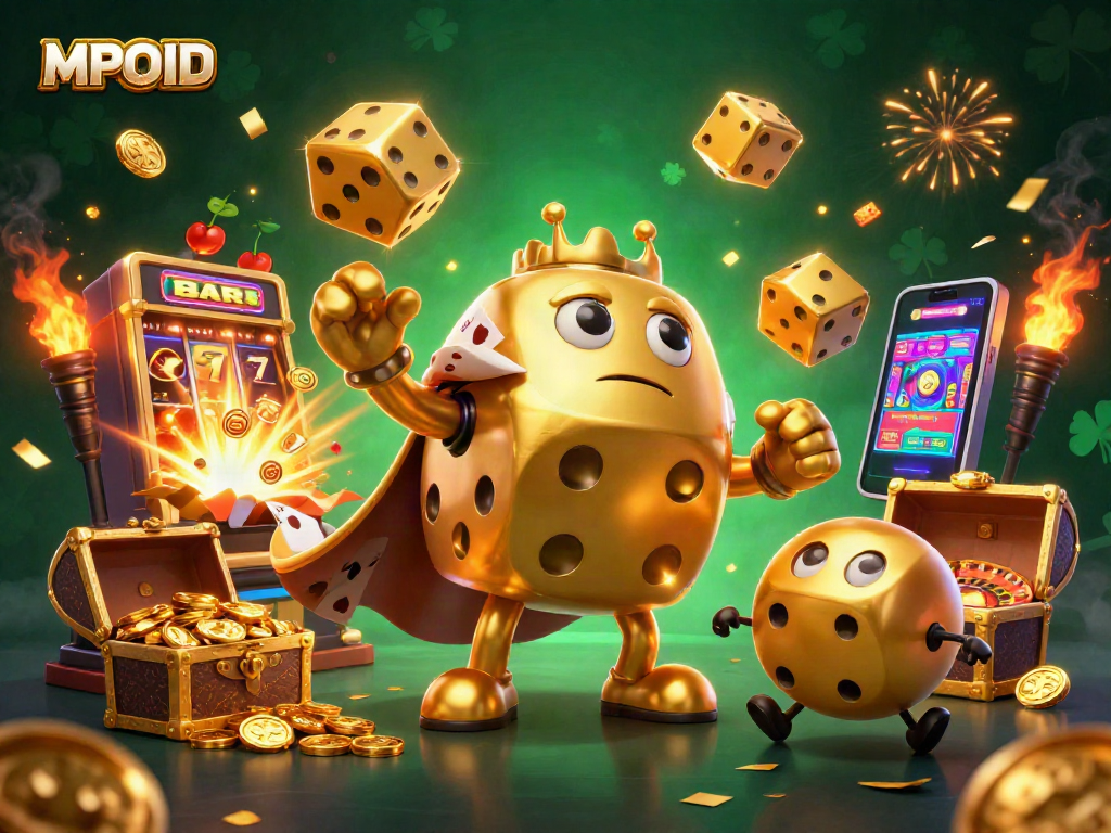 MPOID brings the excitement of golden dice and jackpot wins to life in a vibrant casino illustration.