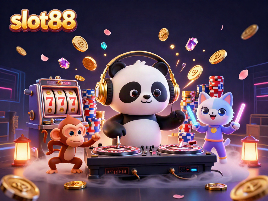 Experience a vibrant slot88 scene with a DJ panda, breakdancing monkey, and glow-stick kitten amidst casino elements.