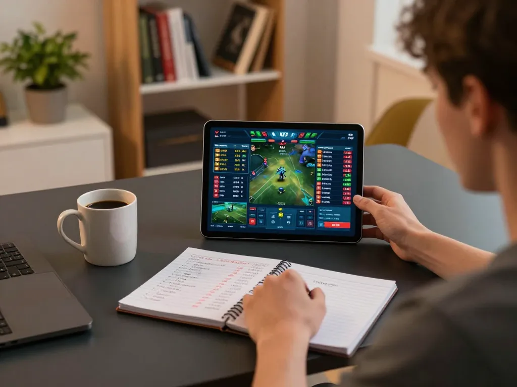 Person using tablet for sports betting at home, showcasing bl555ae's strategic gaming environment.