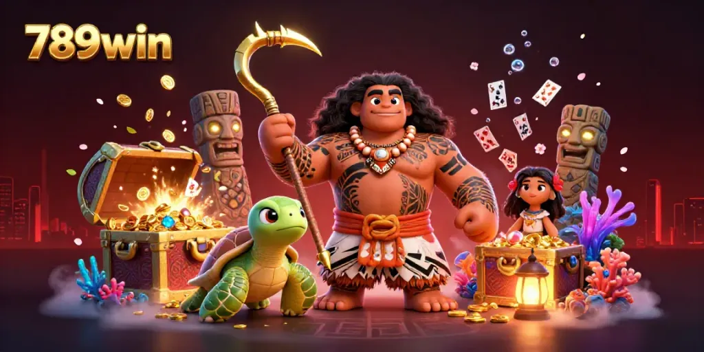 Experience thrilling adventures with 789win in this dynamic 3D casino illustration featuring vibrant characters and game elements.