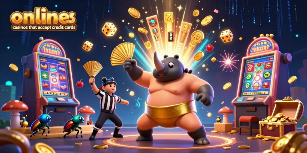 Action-packed 3D scene showcasing online casinos that accept credit cards, with a beetle champion surrounded by coins and a vibrant casino atmosphere.