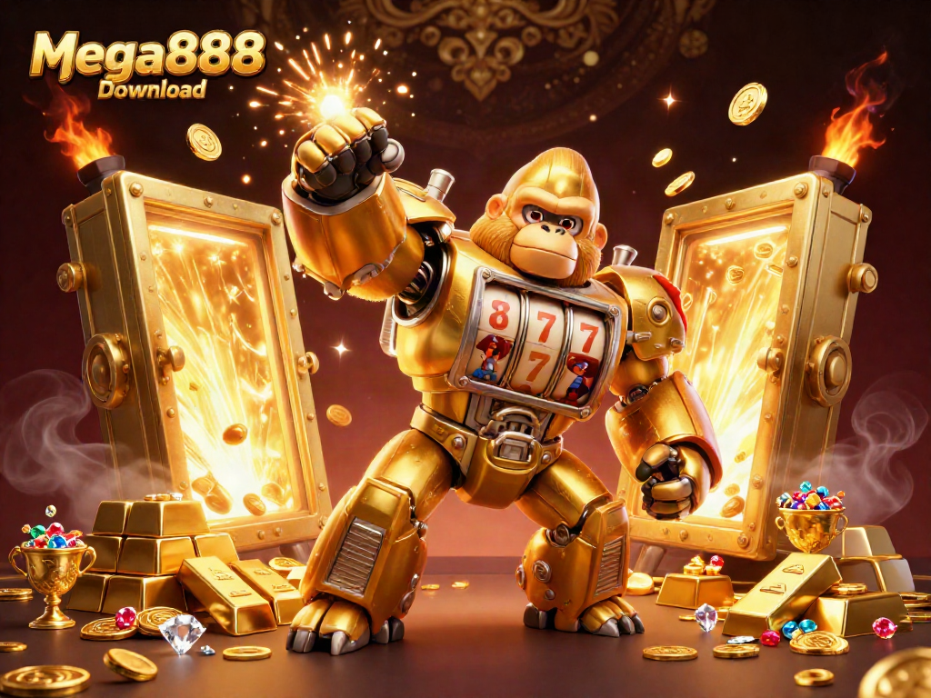 Engage in thrilling Mega888 Download action with a dynamic 3D illustration showcasing a golden gorilla mech and treasure.