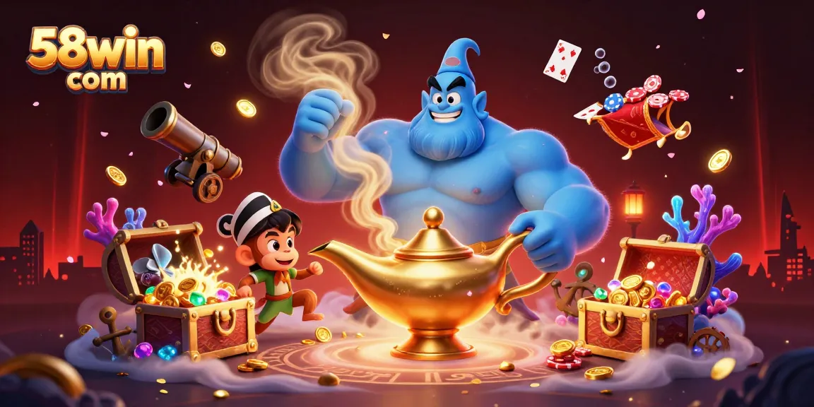 Experience thrilling gameplay at 58win com with a vibrant casino illustration highlighting magical characters and treasures.