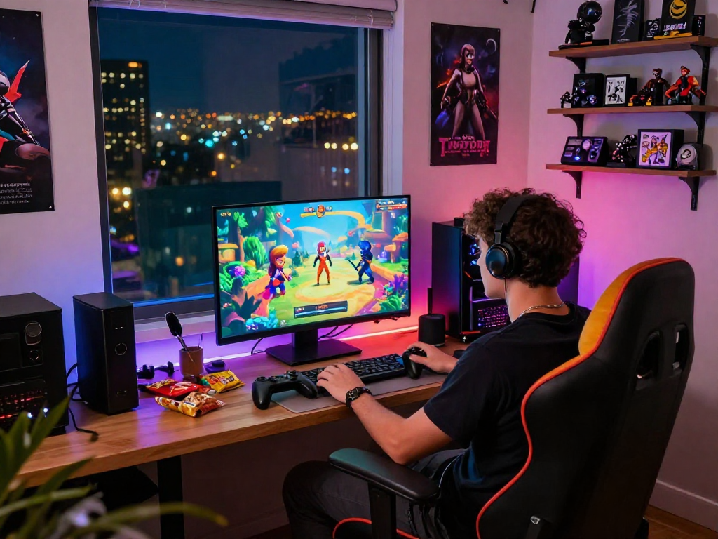 Player enjoying lewdspot game in a lively gaming nook with vibrant decor.