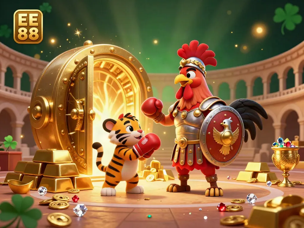 Experience the excitement of EE 88 with a dynamic illustration of a gladiator rooster and cub in a treasure-filled colosseum.