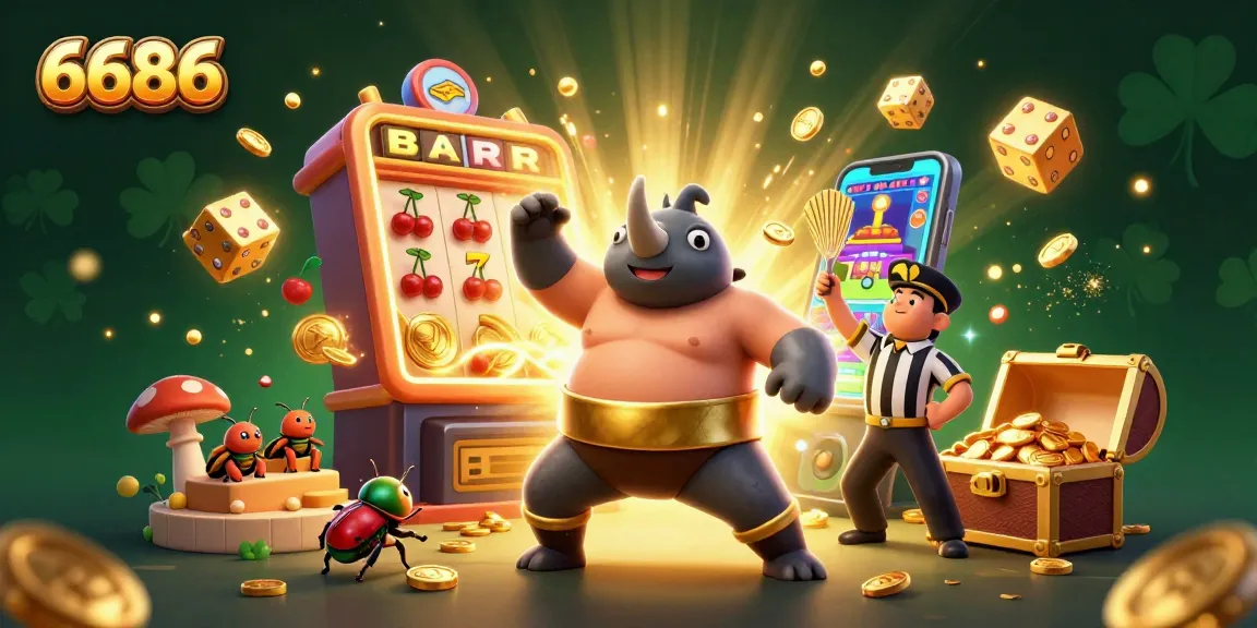 Experience thrilling jackpots with 6686's lively gaming scene featuring flying coins and dynamic characters.