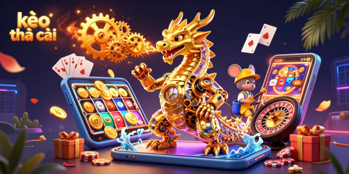 Engage with kèo nhà cái in this vibrant casino illustration, featuring a golden dragon and immersive gaming elements.