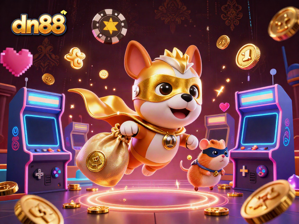 Experience thrilling gameplay at dn88 with a heroic dog and hamster in a vibrant casino world.