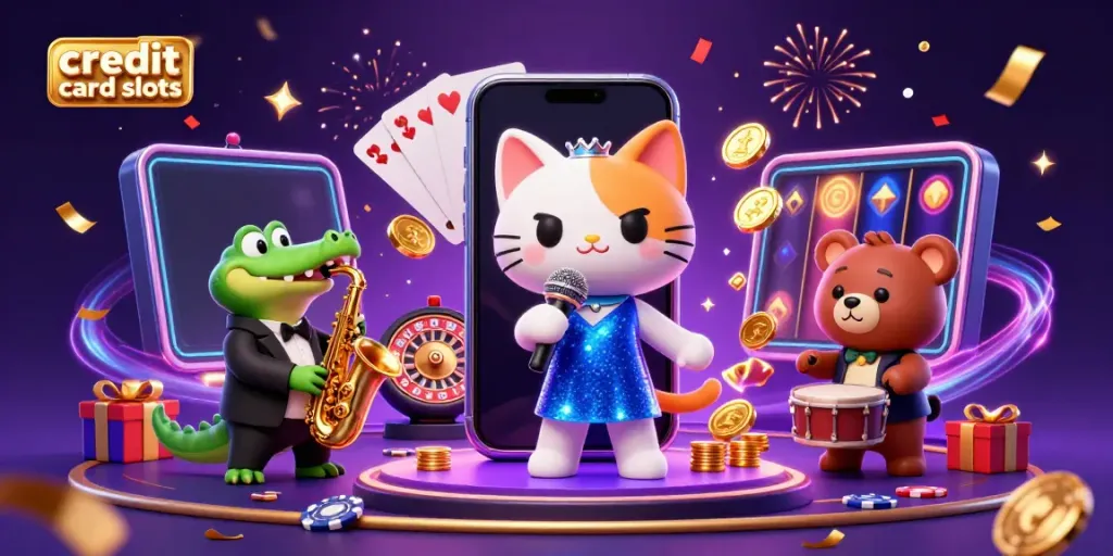 Experience the excitement of credit card slots with our vibrant casino scene featuring a jazz-singer cat and colorful slot games.