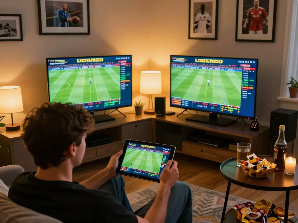 Socolive user engaging in sports betting on a tablet, showcasing an exciting home gambling scene