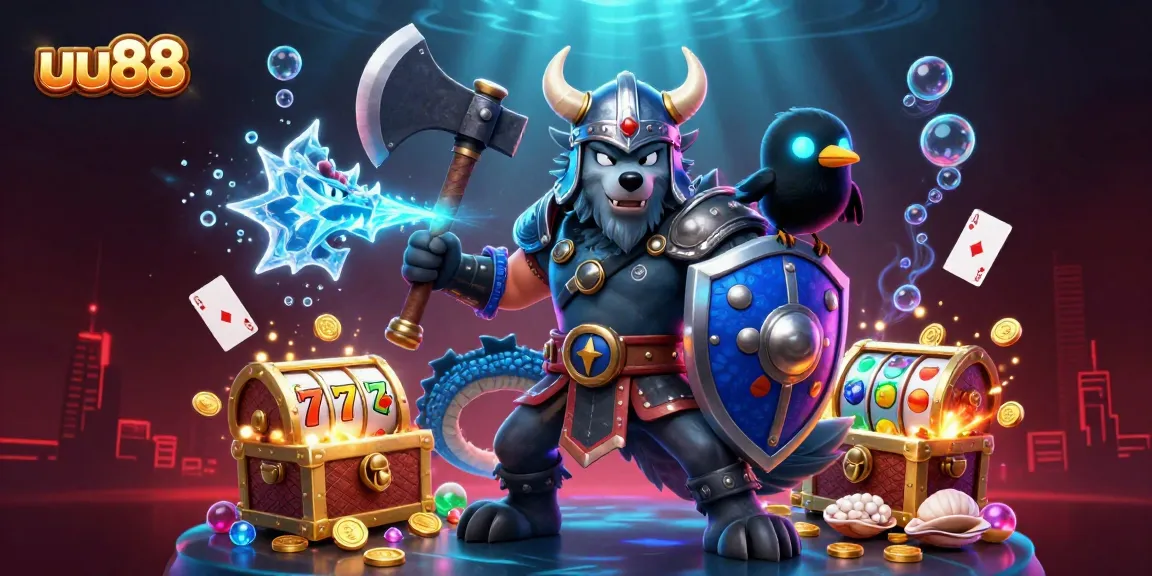 Experience exciting gameplay at uu88 with a fierce Viking warrior, dragon, and treasures in a vibrant casino scene.