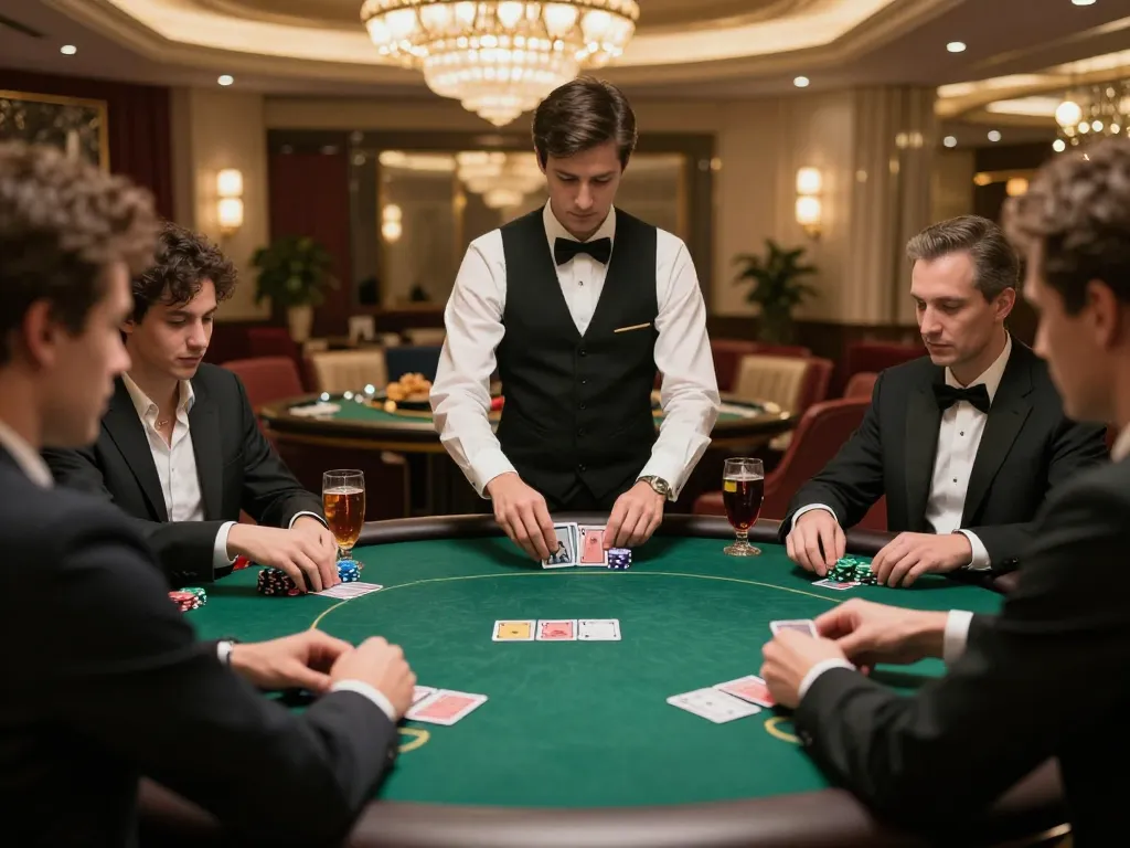 Players strategizing during a game bài đổi thưởng in an elegant VIP poker room with atmospheric lighting.