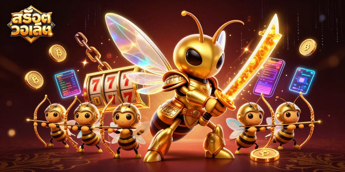 Engage with สล็อตวอเลท through a dynamic 3D casino scene filled with neon elements and gambling symbols.