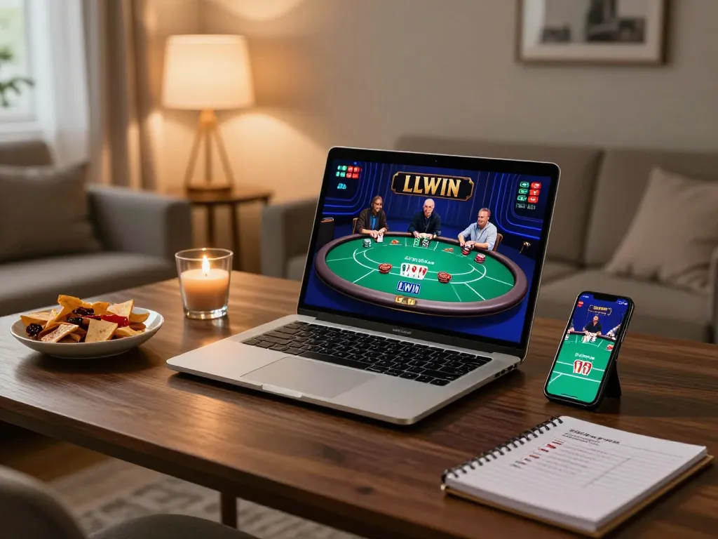 Engaging online gaming experience at LLWIN with laptop and smartphone displaying live dealer poker.