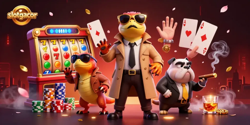 Engaging slotgacor scene with raptors in a trench coat at a VIP casino, showcasing vibrant slot reels and poker chips.