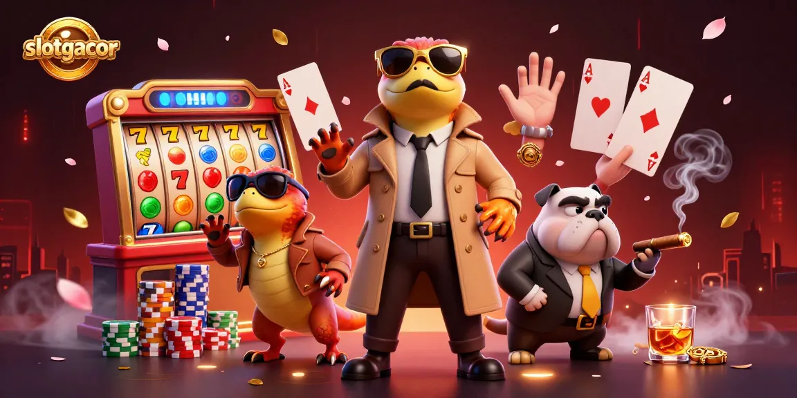 Engaging slotgacor scene with raptors in a trench coat at a VIP casino, showcasing vibrant slot reels and poker chips.