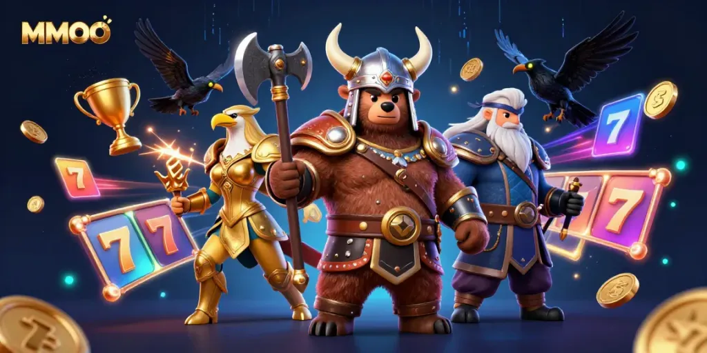 Engage in thrilling MMOO casino adventures with vibrant characters and dynamic slot elements.