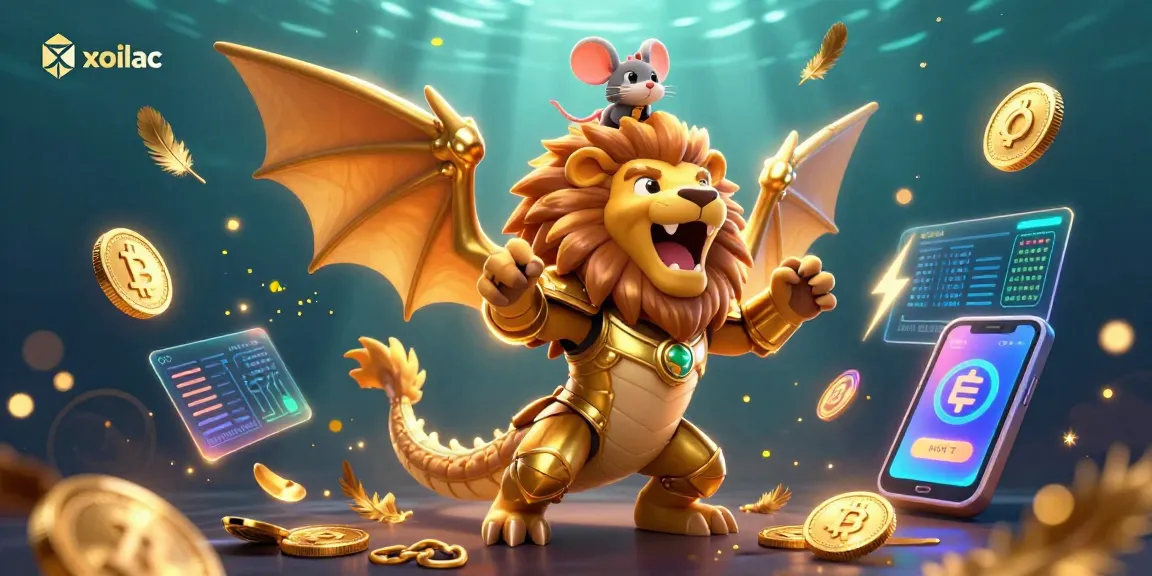 Xoilac's thrilling 3D casino illustration showcases a chimera creature and cryptocurrency elements.