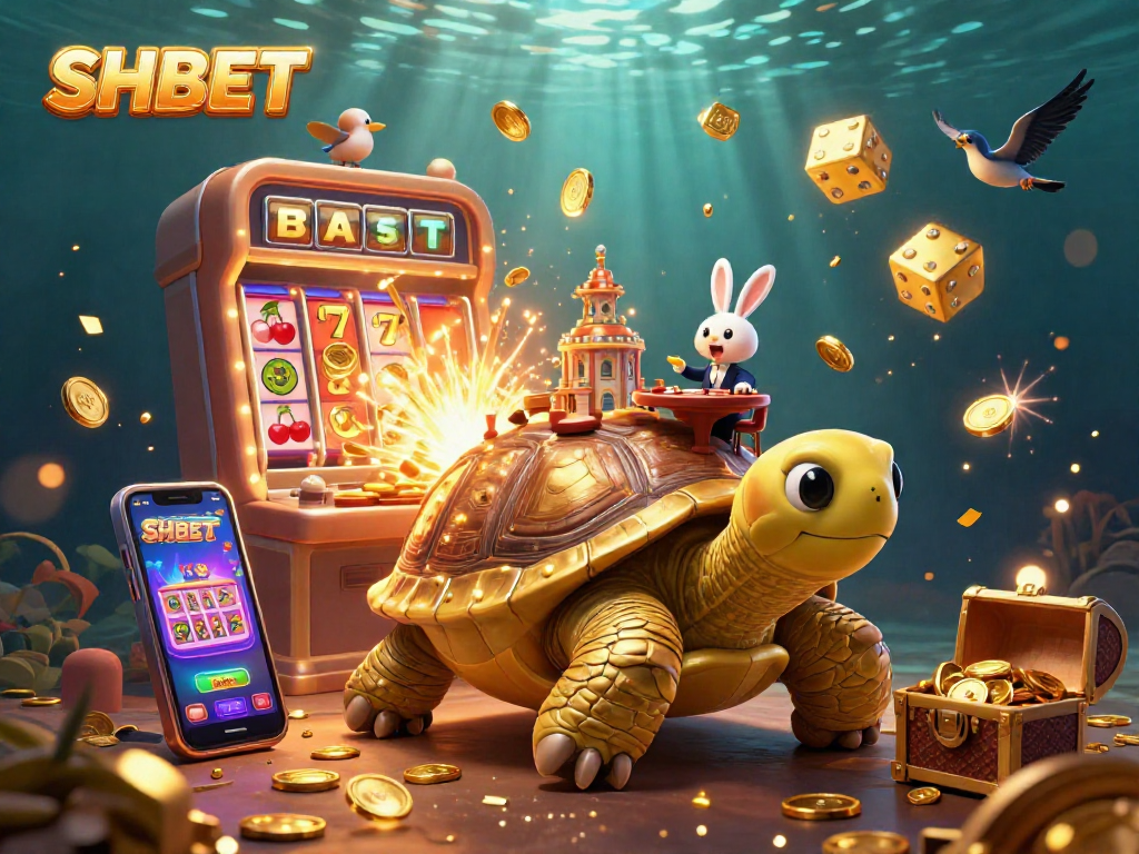 SHBET brings excitement with a massive golden tortoise casino scene bursting with coins and vibrant games.