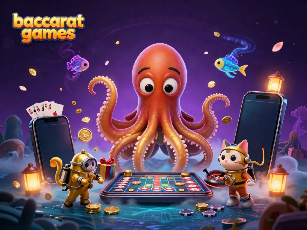 Engage in baccarat games as a kraken and diving cat celebrate wins amidst rich casino elements.